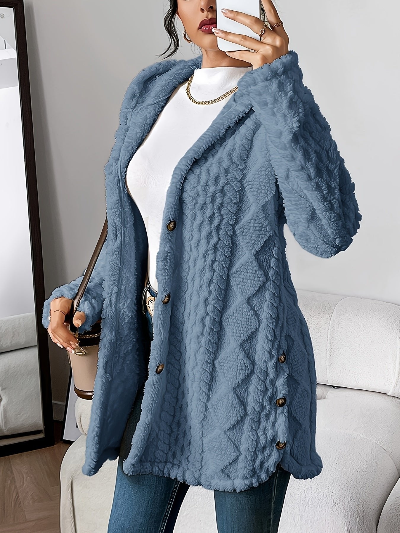 Comfortable Cardigan Sweater for Women with Plush Hooded Button-Front Long Style