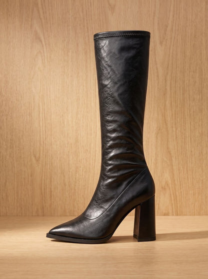Chic Faux Leather Knee High Boots for Women with Pointed Toe Chunky Block Heel Pull-On Style