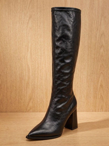 Chic Faux Leather Knee High Boots for Women with Pointed Toe Chunky Block Heel Pull-On Style