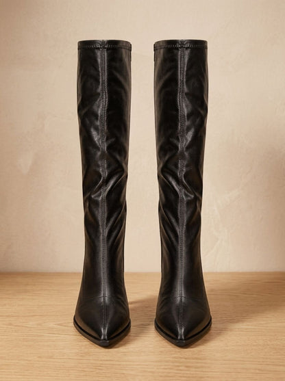 Chic Faux Leather Knee High Boots for Women with Pointed Toe Chunky Block Heel Pull-On Style