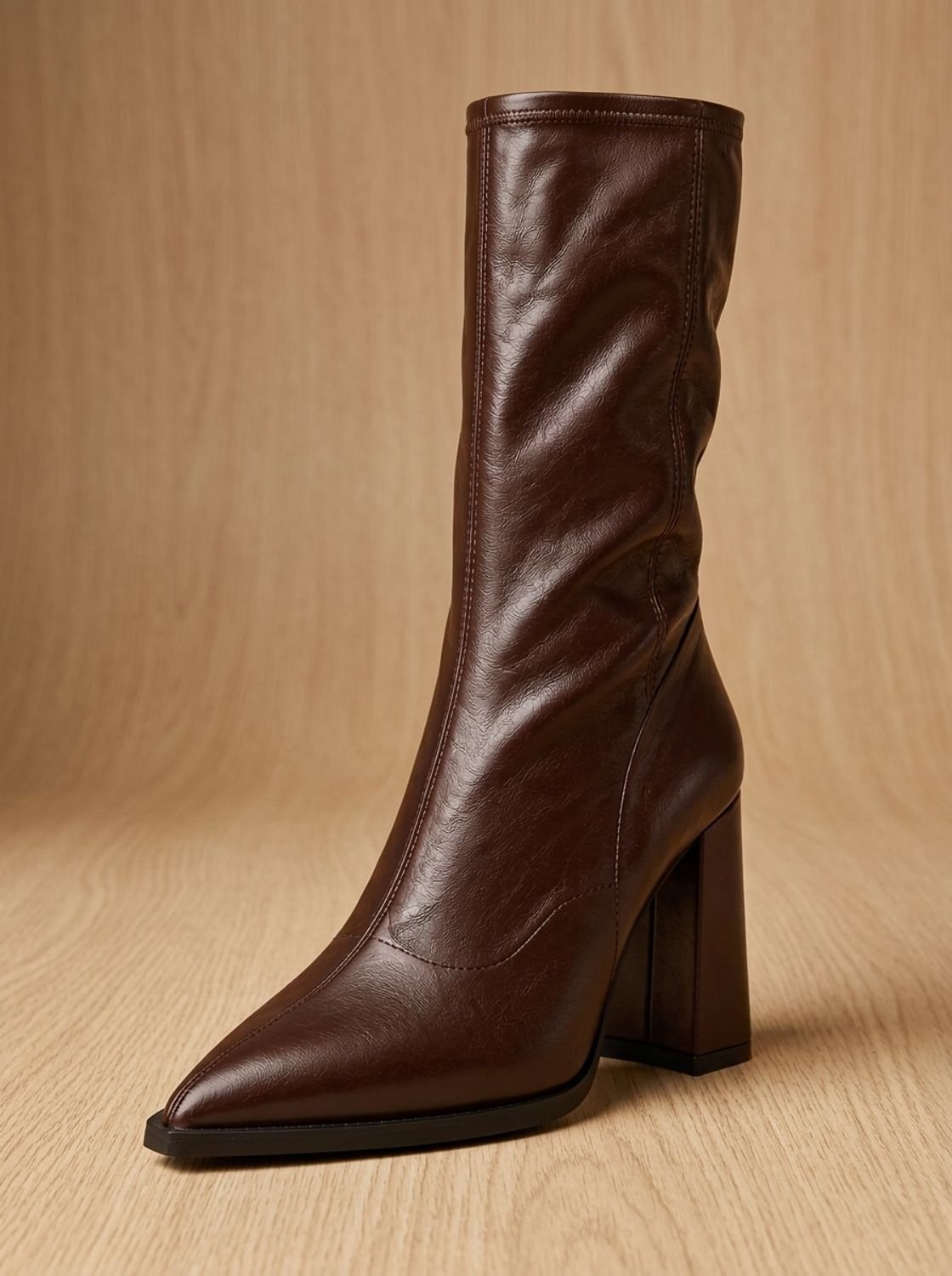 Chic Faux Leather Knee High Boots for Women with Pointed Toe Chunky Block Heel Pull-On Style