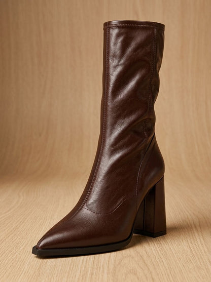 Chic Faux Leather Knee High Boots for Women with Pointed Toe Chunky Block Heel Pull-On Style