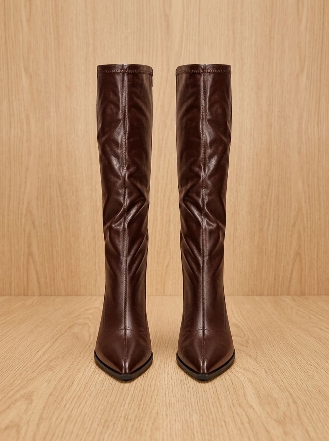 Chic Faux Leather Knee High Boots for Women with Pointed Toe Chunky Block Heel Pull-On Style