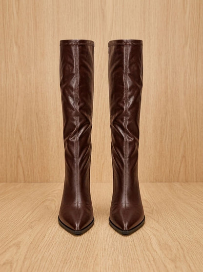 Chic Faux Leather Knee High Boots for Women with Pointed Toe Chunky Block Heel Pull-On Style