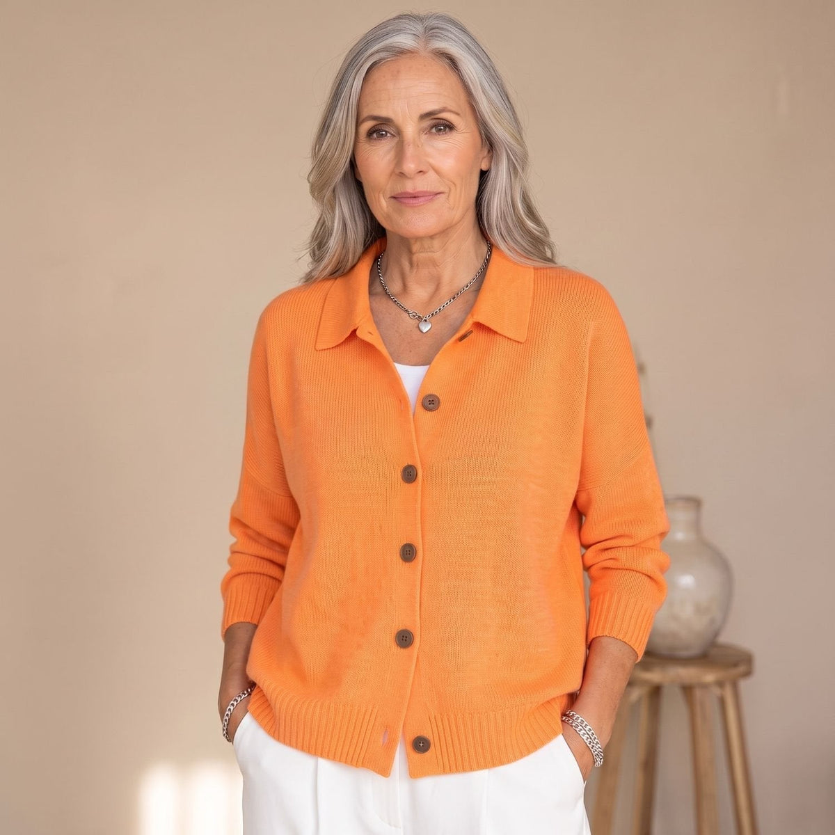 Cozy Blue Knit Cardigan Sweater for Women with Polo Collar Button Front Long Sleeve Oversized Style