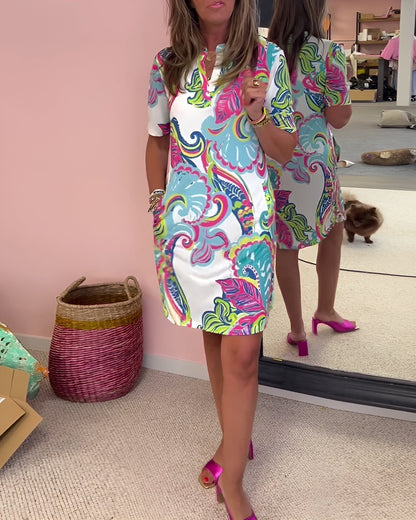 Elegant Wedding Guest Dress for Women with V Neck Short Sleeve Printed Midi Style