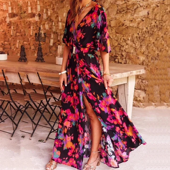 Effortless Floral Print Maxi Wrap Dress for Women with V Neck Flutter Sleeve Side Slit Bohemian Style
