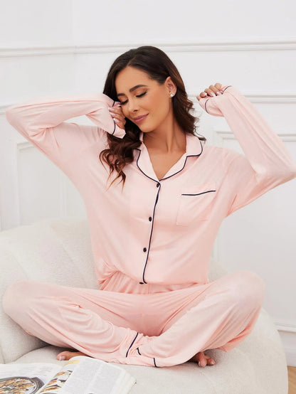 Comfortable White Pajama Set for Women with Notch Collar Long Sleeve Button Front Contrast Piping Relaxed Style
