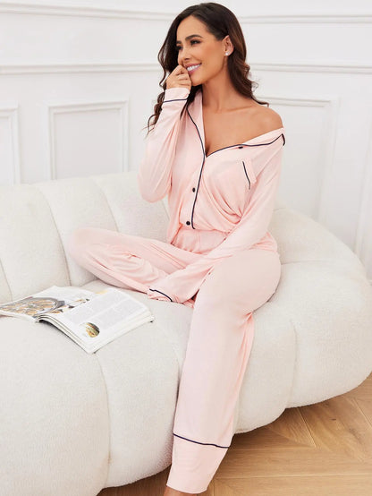 Comfortable White Pajama Set for Women with Notch Collar Long Sleeve Button Front Contrast Piping Relaxed Style