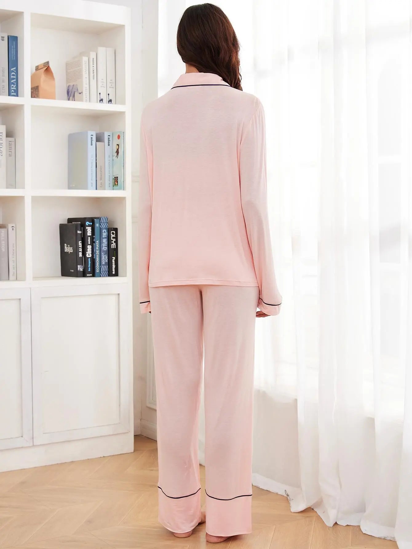 Comfortable White Pajama Set for Women with Notch Collar Long Sleeve Button Front Contrast Piping Relaxed Style