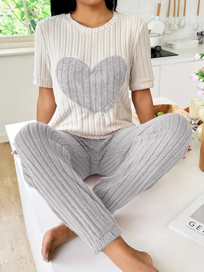 Comfortable Purple Heart Print Pajama Set for Women with Round Neck Short Sleeve Ribbed Knit Jogger Style
