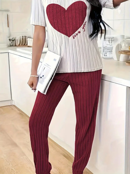 Comfortable Purple Heart Print Pajama Set for Women with Round Neck Short Sleeve Ribbed Knit Jogger Style