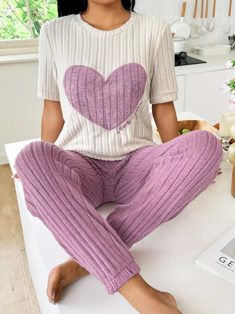 Comfortable Purple Heart Print Pajama Set for Women with Round Neck Short Sleeve Ribbed Knit Jogger Style
