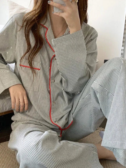 Comfortable Grey Striped Pajama Set for Women with Notch Collar Long Sleeve Button Front Relaxed Loungewear Style
