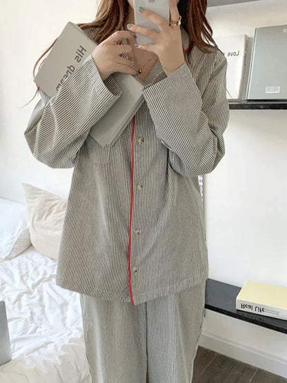 Comfortable Grey Striped Pajama Set for Women with Notch Collar Long Sleeve Button Front Relaxed Loungewear Style