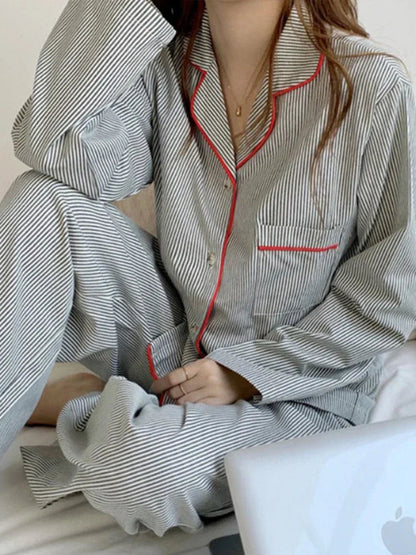 Comfortable Grey Striped Pajama Set for Women with Notch Collar Long Sleeve Button Front Relaxed Loungewear Style