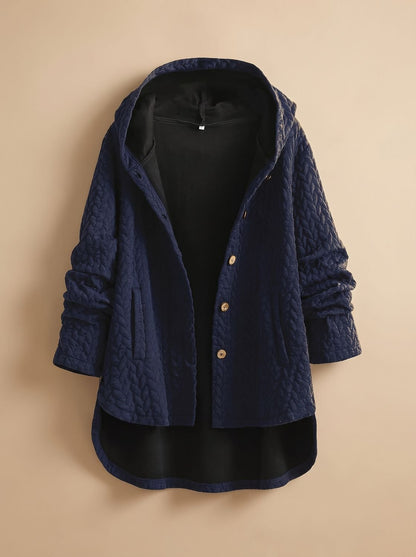 Cozy Quilted Hooded Coat for Women with Button Front Long Sleeve Asymmetric Cable-Knit Oversized Style