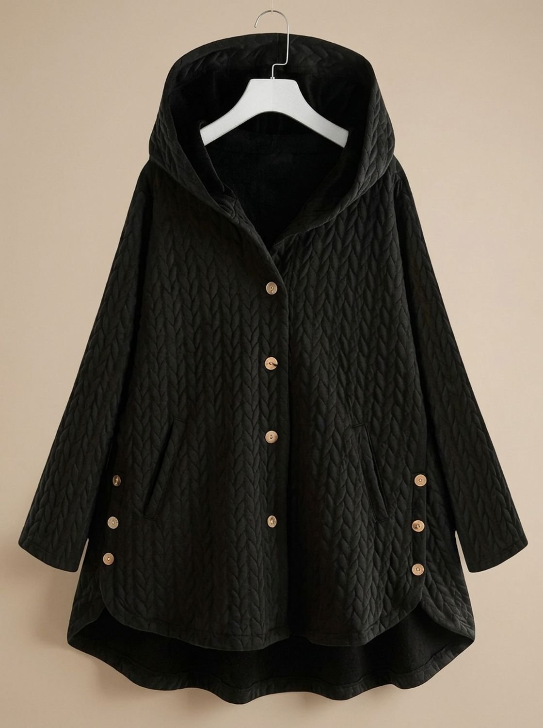 Cozy Quilted Hooded Coat for Women with Button Front Long Sleeve Asymmetric Cable-Knit Oversized Style