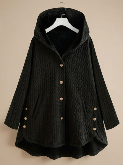 Cozy Quilted Hooded Coat for Women with Button Front Long Sleeve Asymmetric Cable-Knit Oversized Style