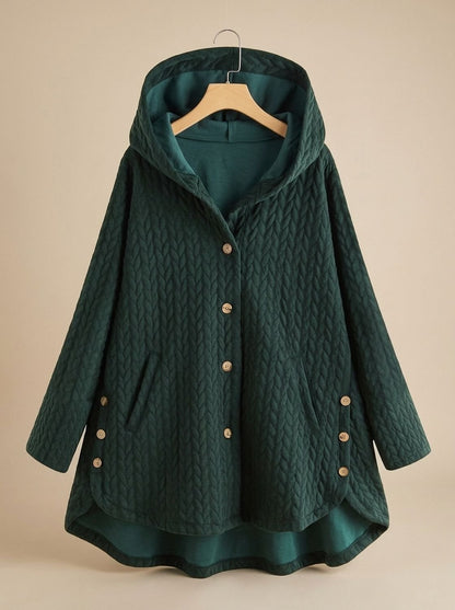 Cozy Quilted Hooded Coat for Women with Button Front Long Sleeve Asymmetric Cable-Knit Oversized Style