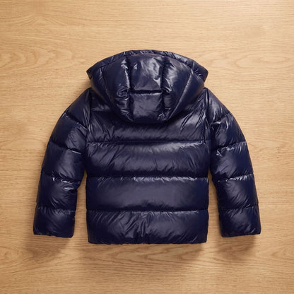 Cozy Navy Puffer Jacket for Women with Hooded Collar Full Zip Quilted Cropped Winter Style