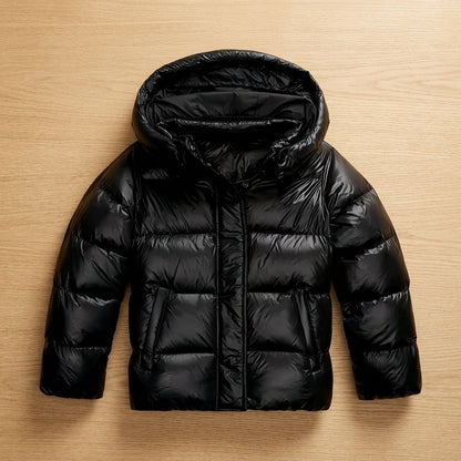 Cozy Navy Puffer Jacket for Women with Hooded Collar Full Zip Quilted Cropped Winter Style