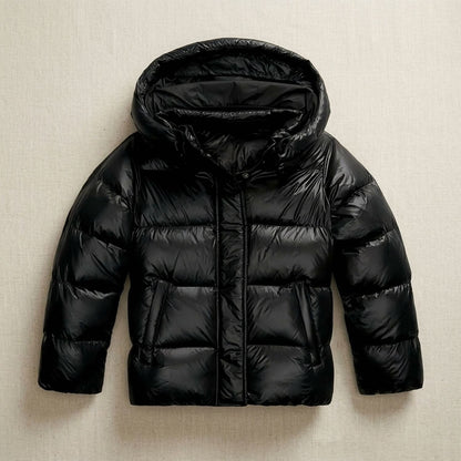 Cozy Navy Puffer Jacket for Women with Hooded Collar Full Zip Quilted Cropped Winter Style