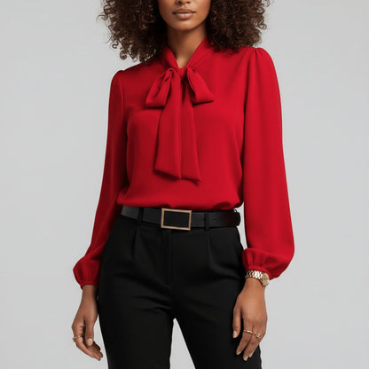Effortless Blouses for Women with Bow Tie Neck Long Sleeve Relaxed Fit