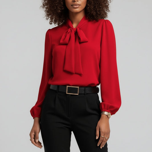 Effortless Blouses for Women with Bow Tie Neck Long Sleeve Relaxed Fit