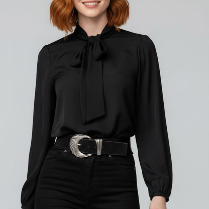 Effortless Blouses for Women with Bow Tie Neck Long Sleeve Relaxed Fit
