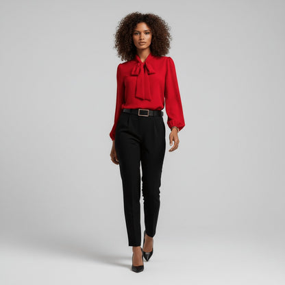 Effortless Blouses for Women with Bow Tie Neck Long Sleeve Relaxed Fit