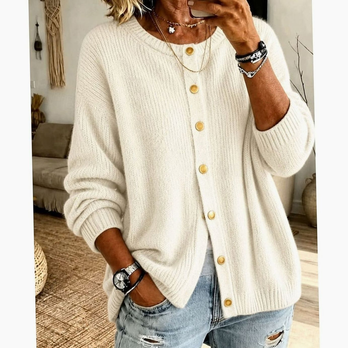 Cozy Knit Cardigan for Women with Round Neck Long Sleeve Button Front Oversized Style