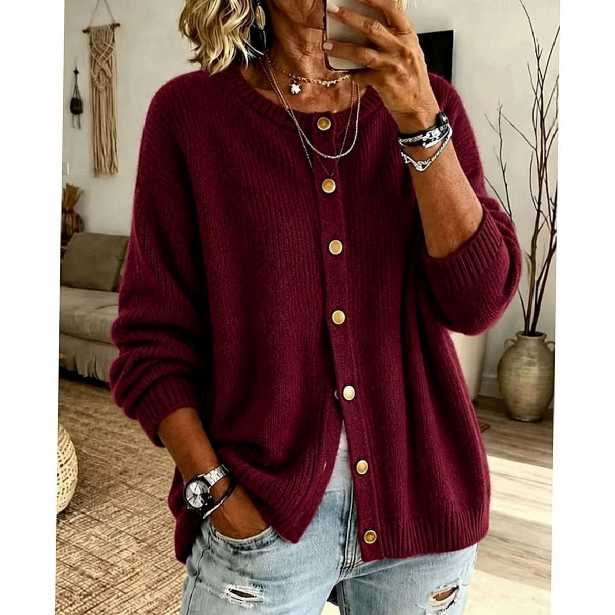 Cozy Knit Cardigan for Women with Round Neck Long Sleeve Button Front Oversized Style