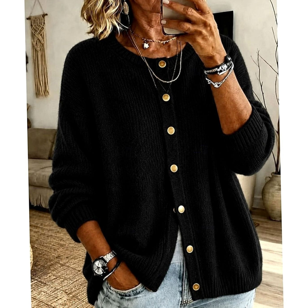 Cozy Knit Cardigan for Women with Round Neck Long Sleeve Button Front Oversized Style