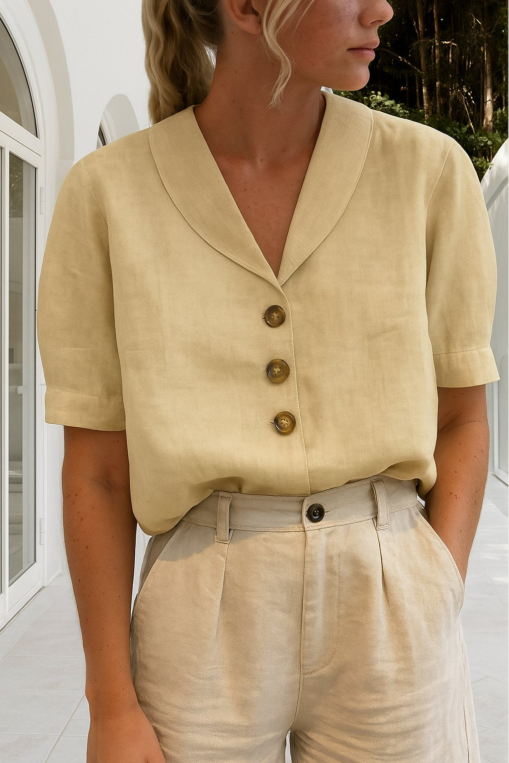 Effortless Blouses for Women with Button Front Shawl Collar Short Sleeve Relaxed Fit