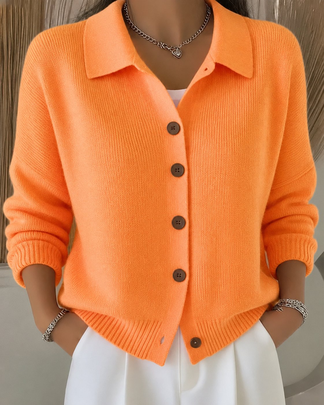 Effortless Cardigan Sweater for Women with Polo Collar Button Front Knit Style