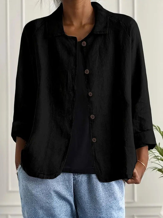 Effortless Black Shirt for Women with Collar Long Sleeve Button Front Linen Relaxed Style