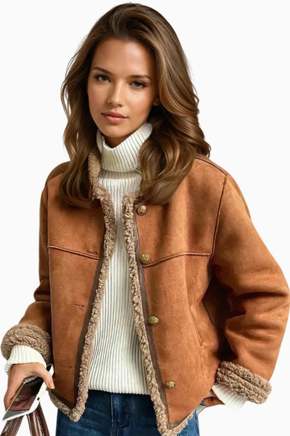 Elegant Brown Suede Jacket for Women with Stand Collar Long Sleeve Shearling Trim Cropped Style