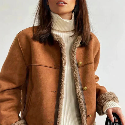 Elegant Brown Suede Jacket for Women with Stand Collar Long Sleeve Shearling Trim Cropped Style