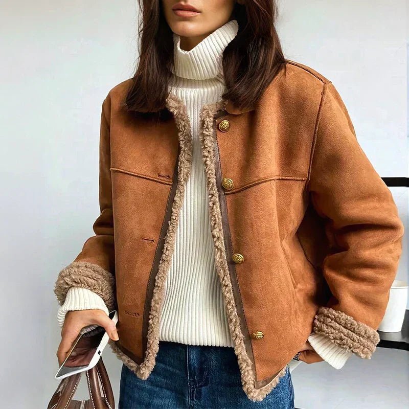 Elegant Brown Suede Jacket for Women with Stand Collar Long Sleeve Shearling Trim Cropped Style