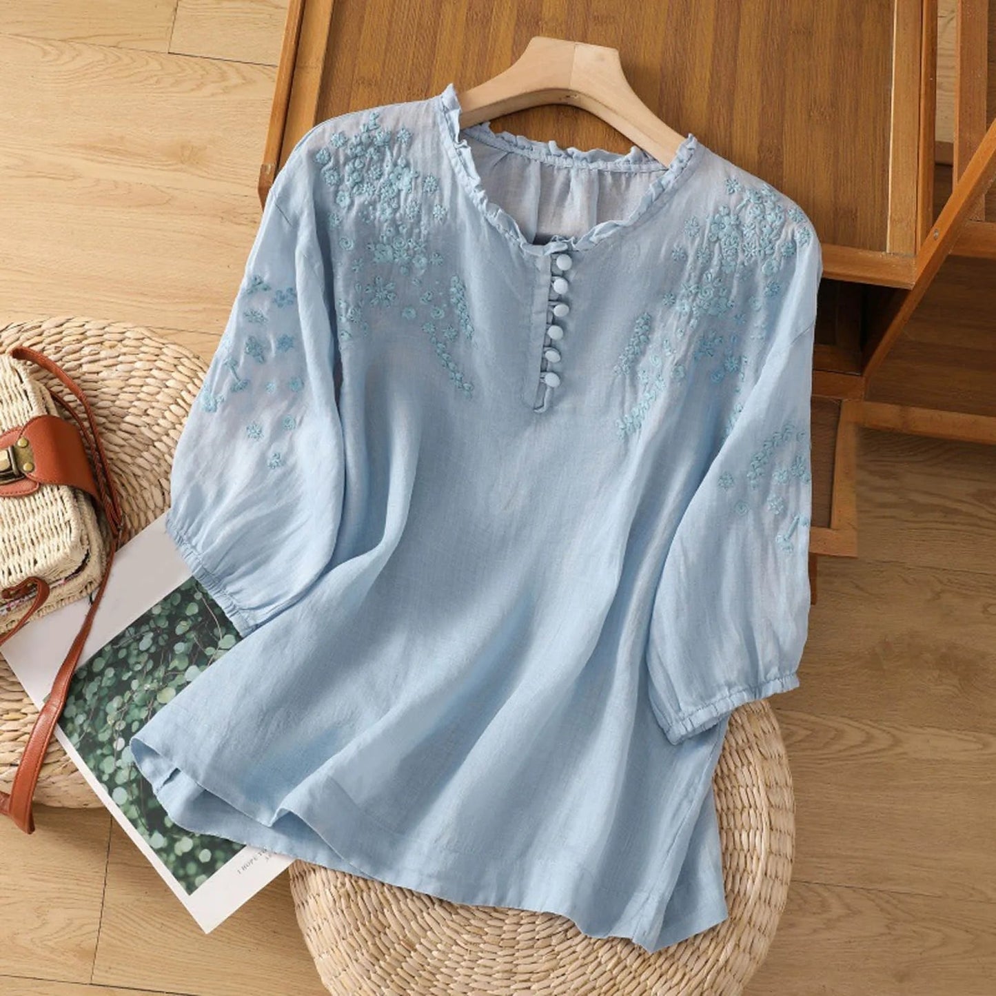 Effortless Blouses for Women with Floral Embroidery Ruffle Neck Puff Sleeve