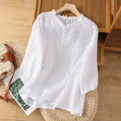 Effortless Blouses for Women with Floral Embroidery Ruffle Neck Puff Sleeve