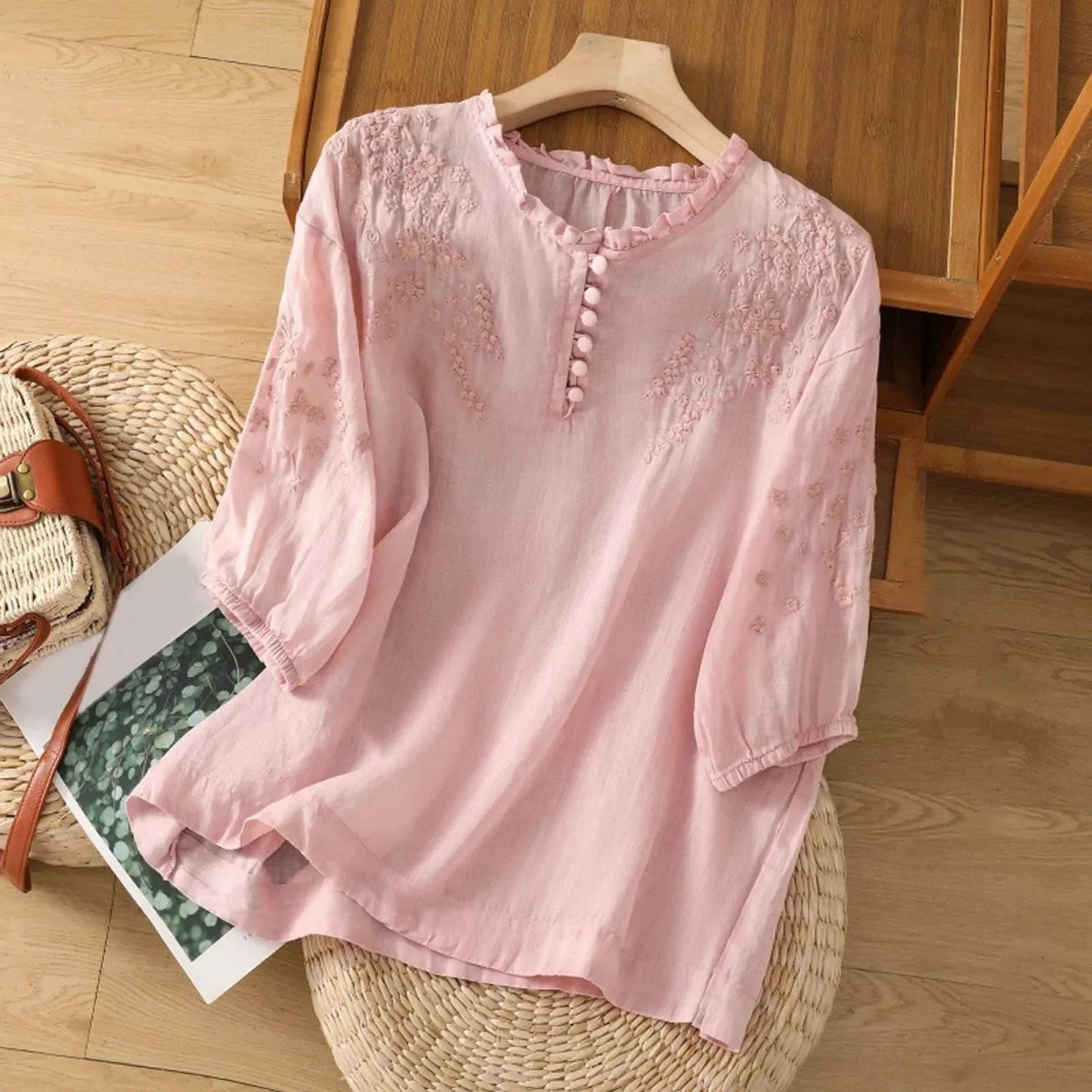 Effortless Blouses for Women with Floral Embroidery Ruffle Neck Puff Sleeve