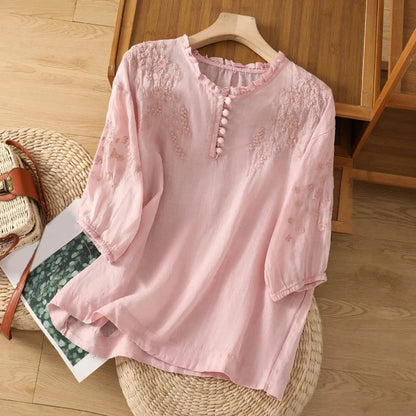 Effortless Blouses for Women with Floral Embroidery Ruffle Neck Puff Sleeve