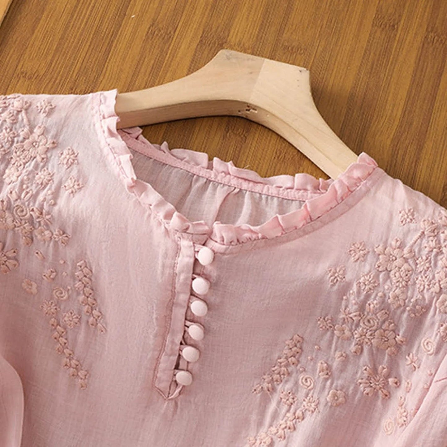 Effortless Blouses for Women with Floral Embroidery Ruffle Neck Puff Sleeve