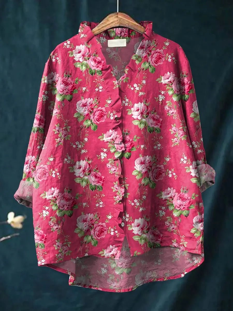 Effortless Floral Blouses for Women with Ruffle Trim Linen Button-Down Relaxed Fit
