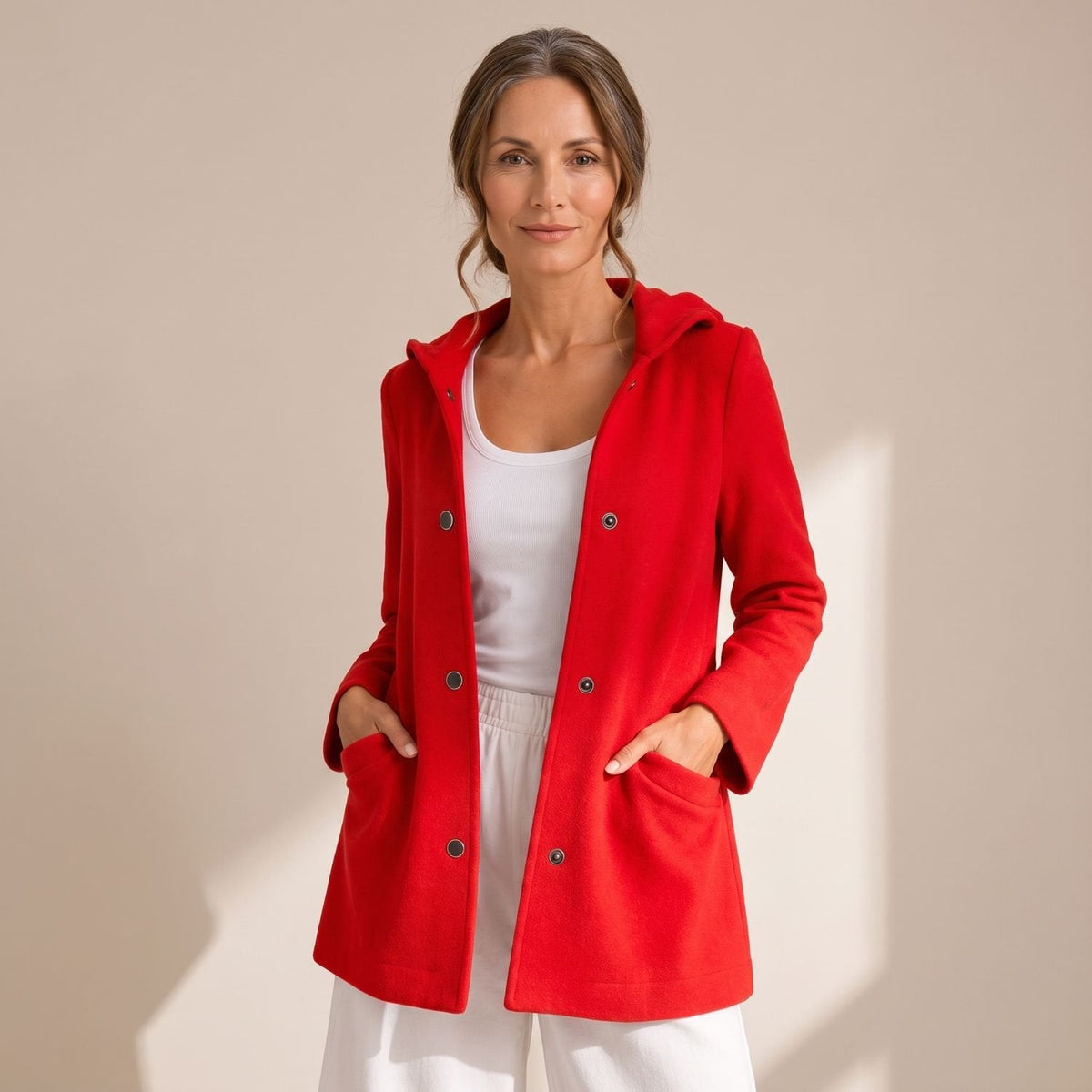 Cozy Red Wool Coat for Women with Hooded Collar Button Front Long Sleeve Relaxed Winter Style