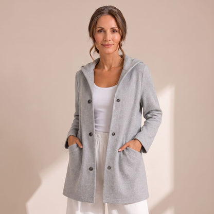 Cozy Red Wool Coat for Women with Hooded Collar Button Front Long Sleeve Relaxed Winter Style