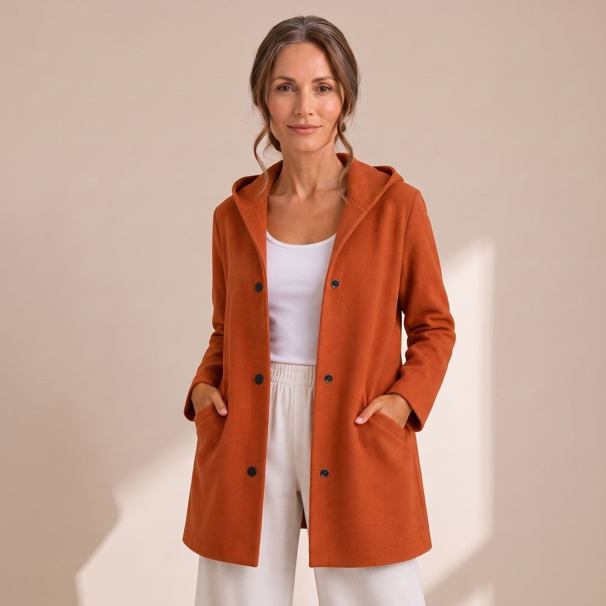 Cozy Red Wool Coat for Women with Hooded Collar Button Front Long Sleeve Relaxed Winter Style
