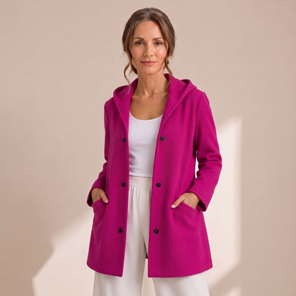 Cozy Red Wool Coat for Women with Hooded Collar Button Front Long Sleeve Relaxed Winter Style